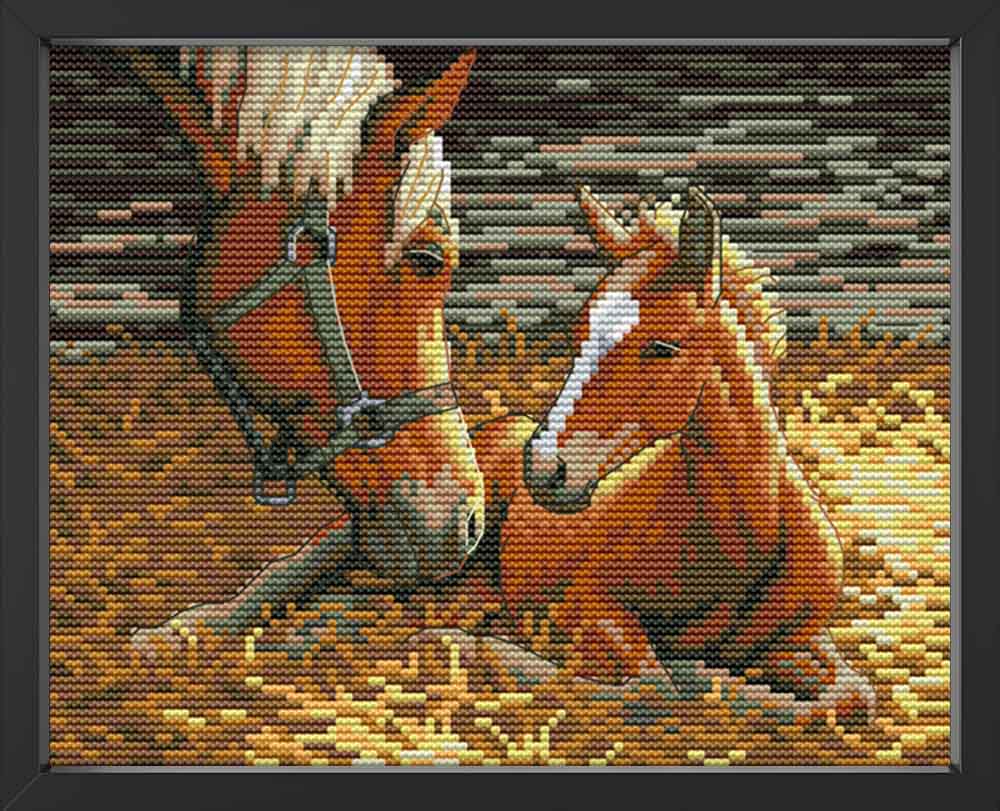 Kreuzstich - Stute und Fohlen Haflinger | 30x20 cm - Diy - Fadenkunst