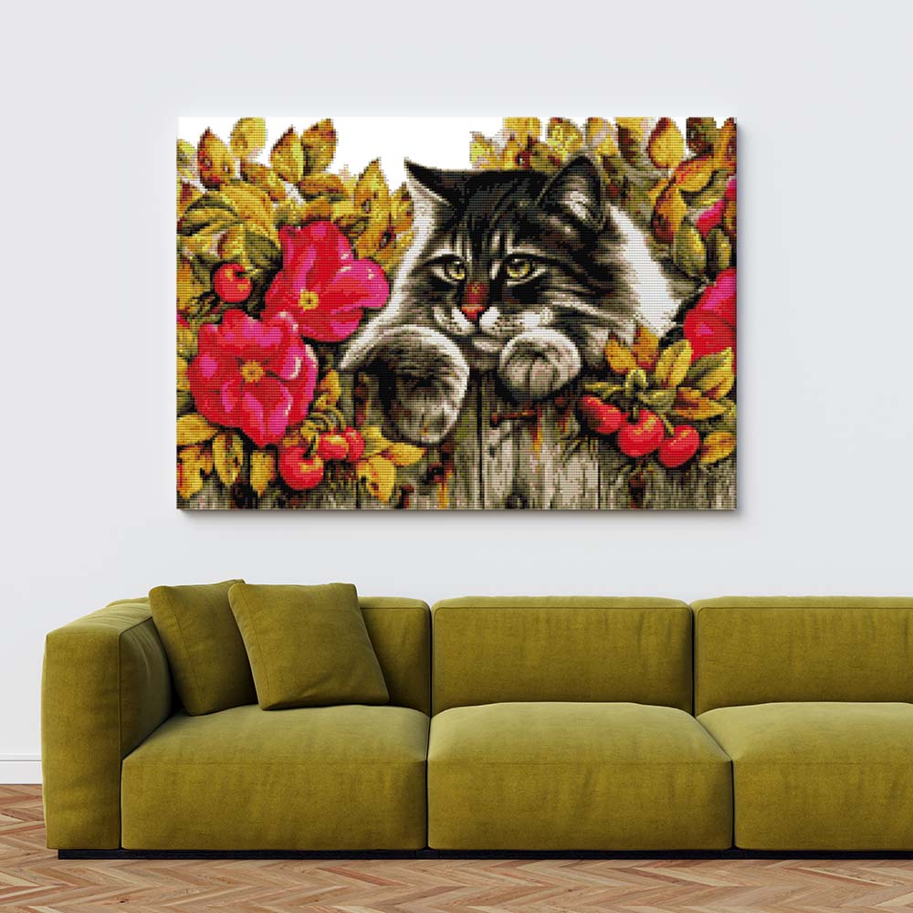 Kreuzstich - Katze lauert am Zaun | 50x40 cm - Diy - Fadenkunst