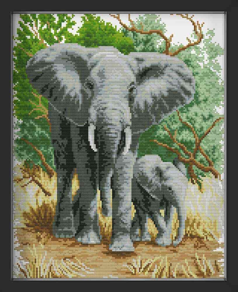 Kreuzstich - Elefantenmama mit Kind | 35x45 cm - Diy - Fadenkunst