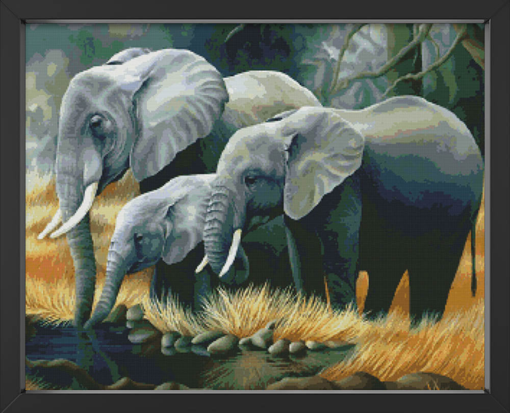 Kreuzstich - Drei Elefanten auf Jagd | 70x55 cm - Diy - Fadenkunst