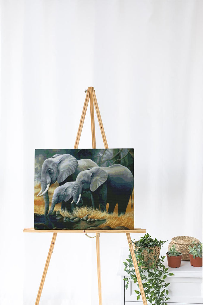 Kreuzstich - Drei Elefanten auf Jagd | 70x55 cm - Diy - Fadenkunst