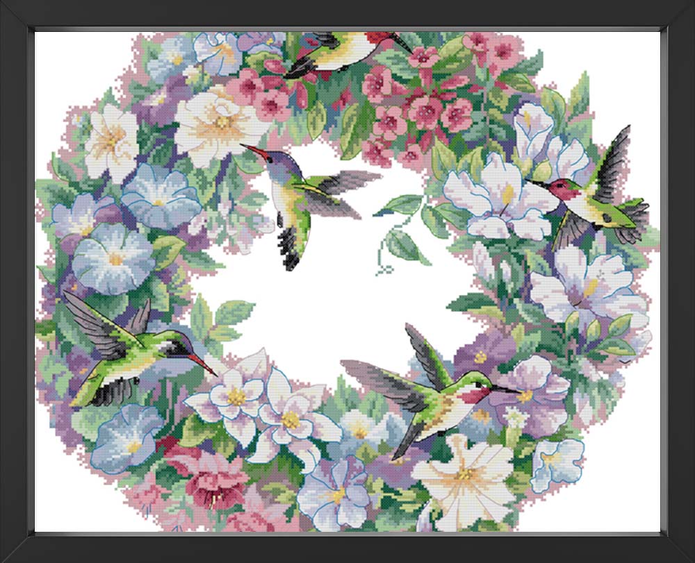 Kreuzstich - Türkranz Blumen mit kleinen Vögeln | 50x50 cm - Diy - Fadenkunst
