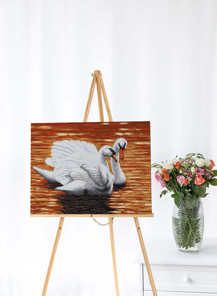 Kreuzstich - Zwei Schwäne im Wasser | 45x30 cm - Diy - Fadenkunst