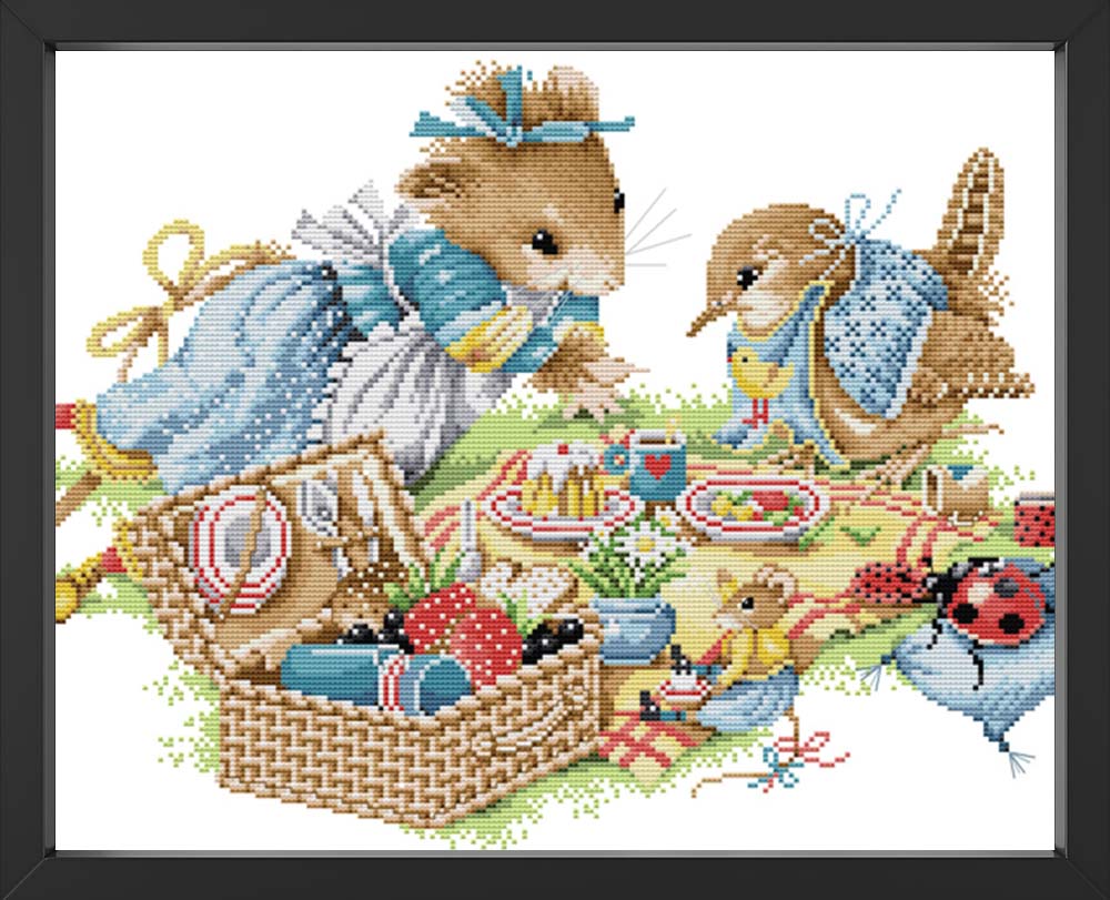 Kreuzstich - Waldtiere beim picknicken  | 50x35 cm - Diy - Fadenkunst