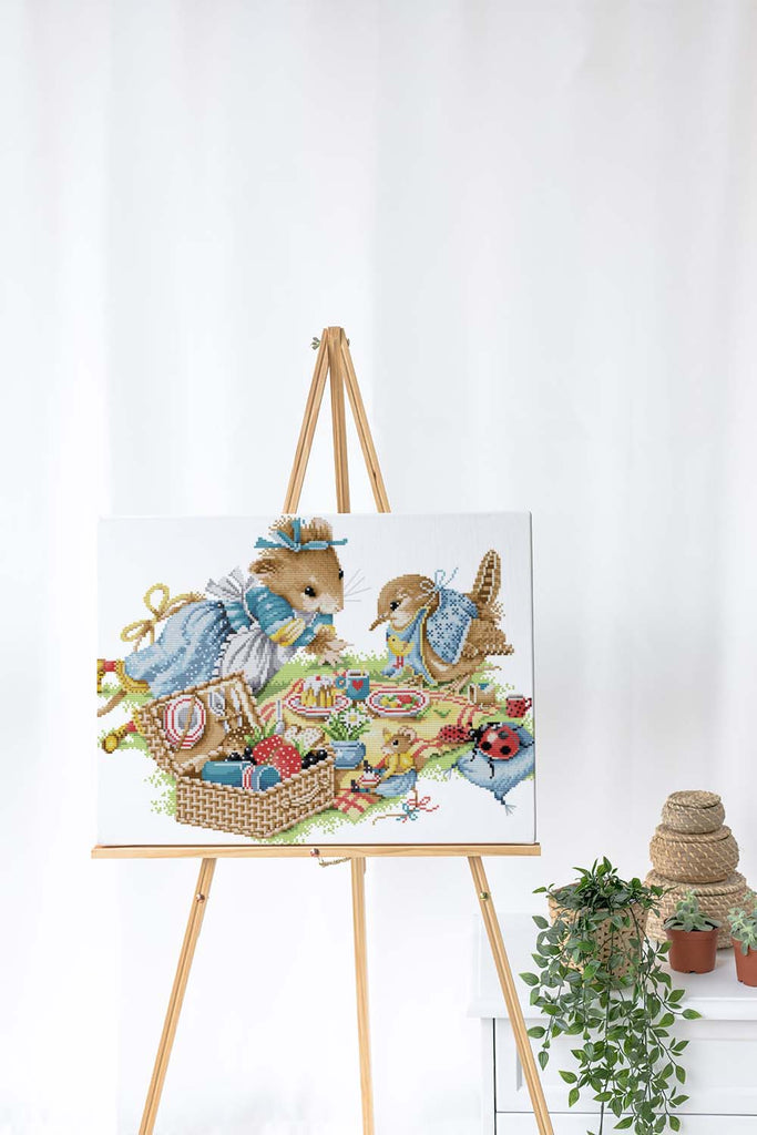 Kreuzstich - Waldtiere beim picknicken  | 50x35 cm - Diy - Fadenkunst