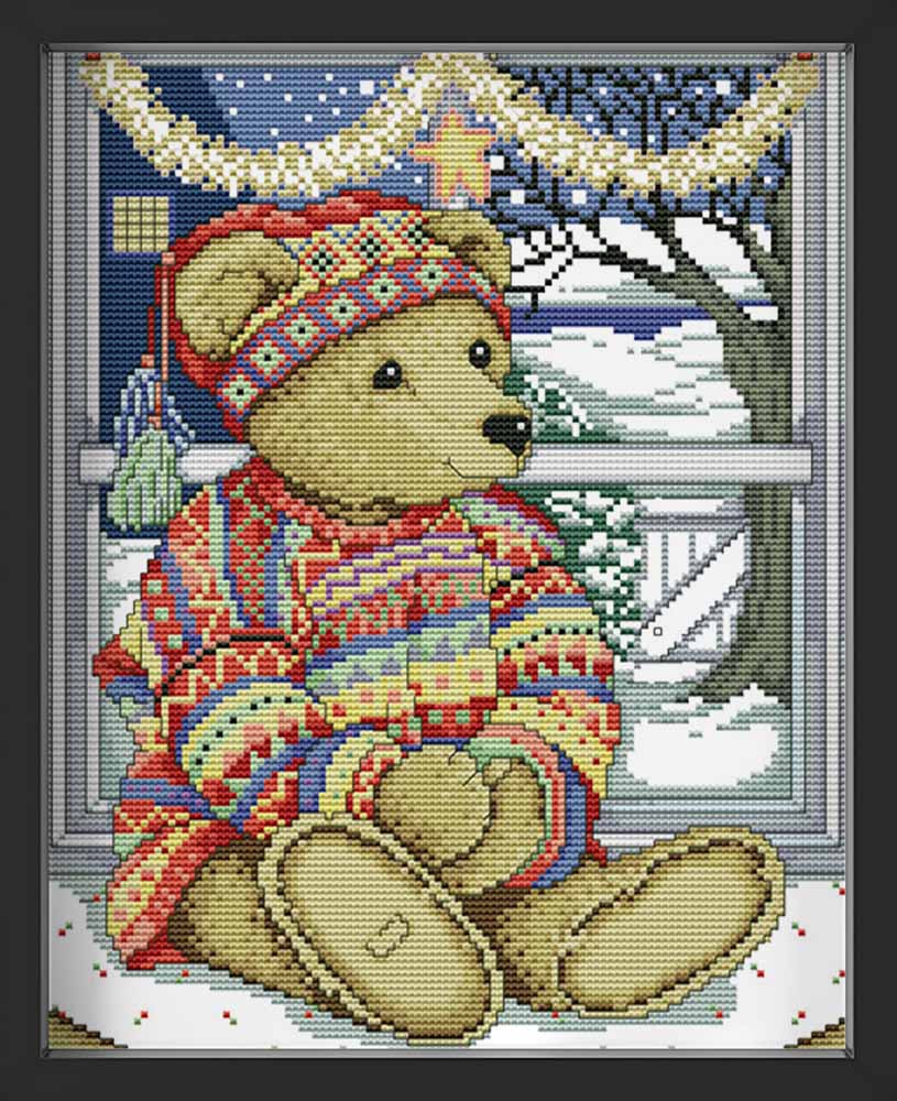 Kreuzstich - Teddy zur Weihnachtszeit | 30x40 cm - Diy - Fadenkunst