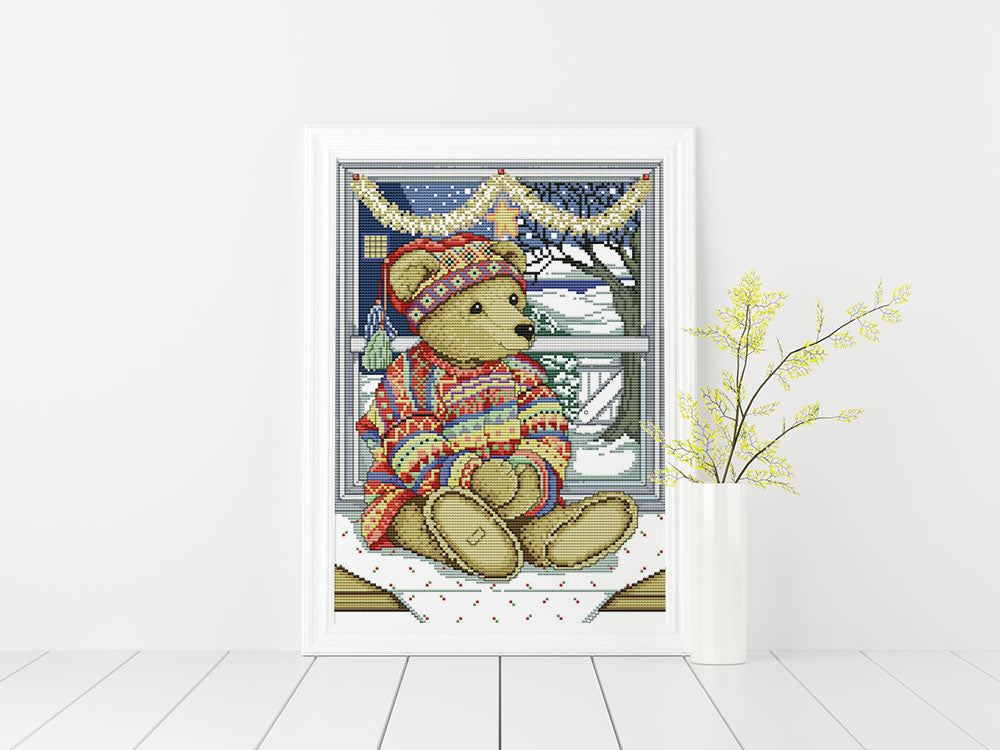 Kreuzstich - Teddy zur Weihnachtszeit | 30x40 cm - Diy - Fadenkunst
