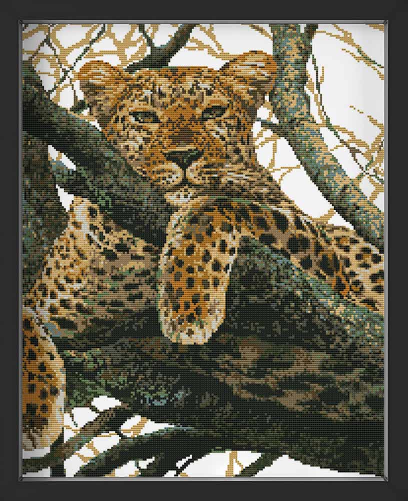 Kreuzstich - Leopard auf dem Baum | 50x50 cm - Diy - Fadenkunst