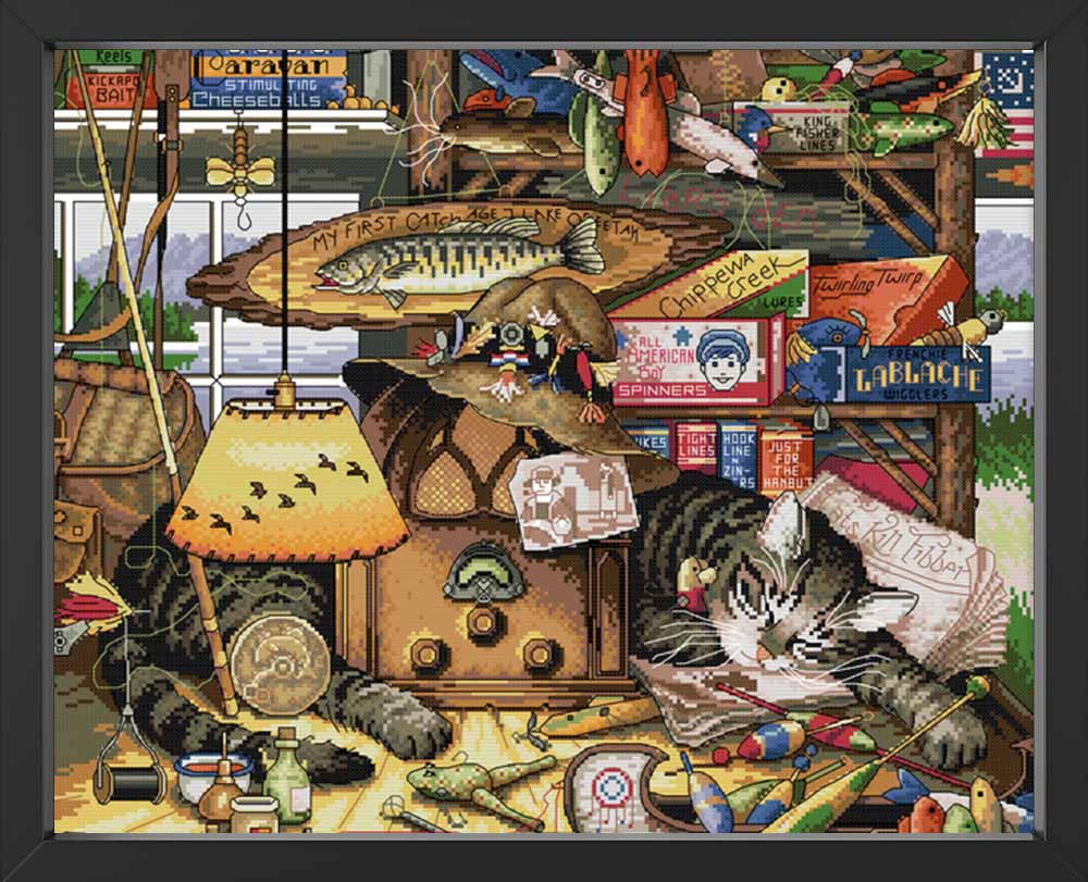 Kreuzstich - Katze am schlafen im Spielzimmer | 55x50 cm - Diy - Fadenkunst