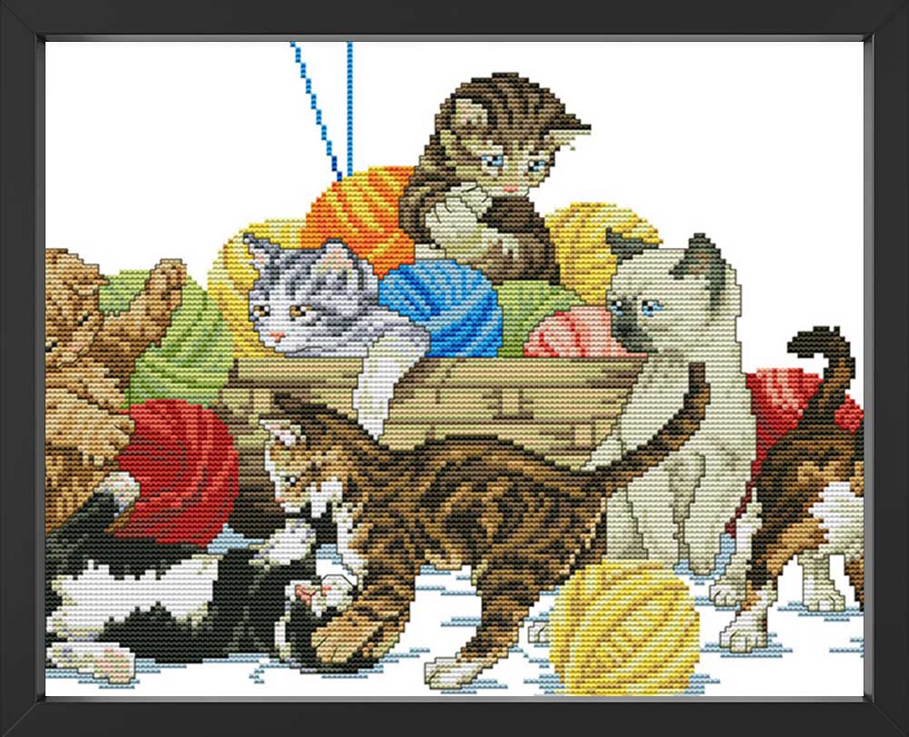 Kreuzstich - kleine Katzen am spielen  | 45x30 cm - Diy - Fadenkunst