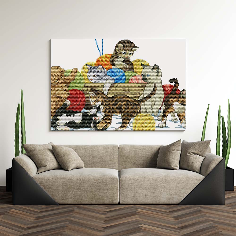 Kreuzstich - kleine Katzen am spielen  | 45x30 cm - Diy - Fadenkunst