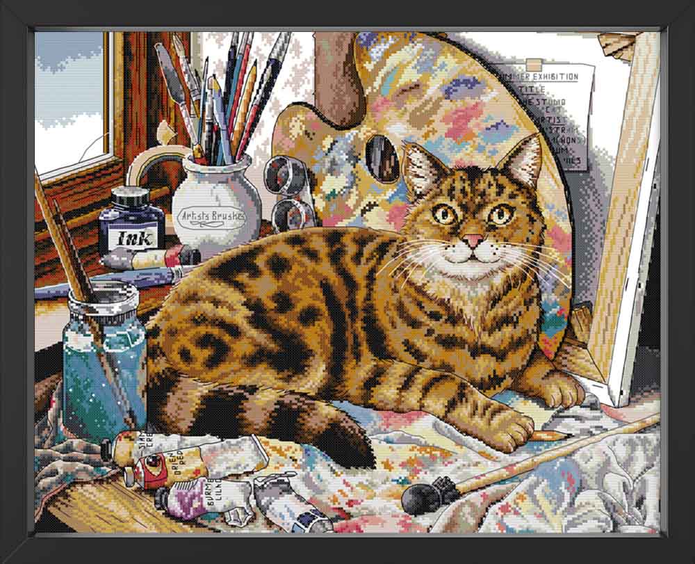 Kreuzstich - Katze und Malzubehör | 55x50 cm - Diy - Fadenkunst