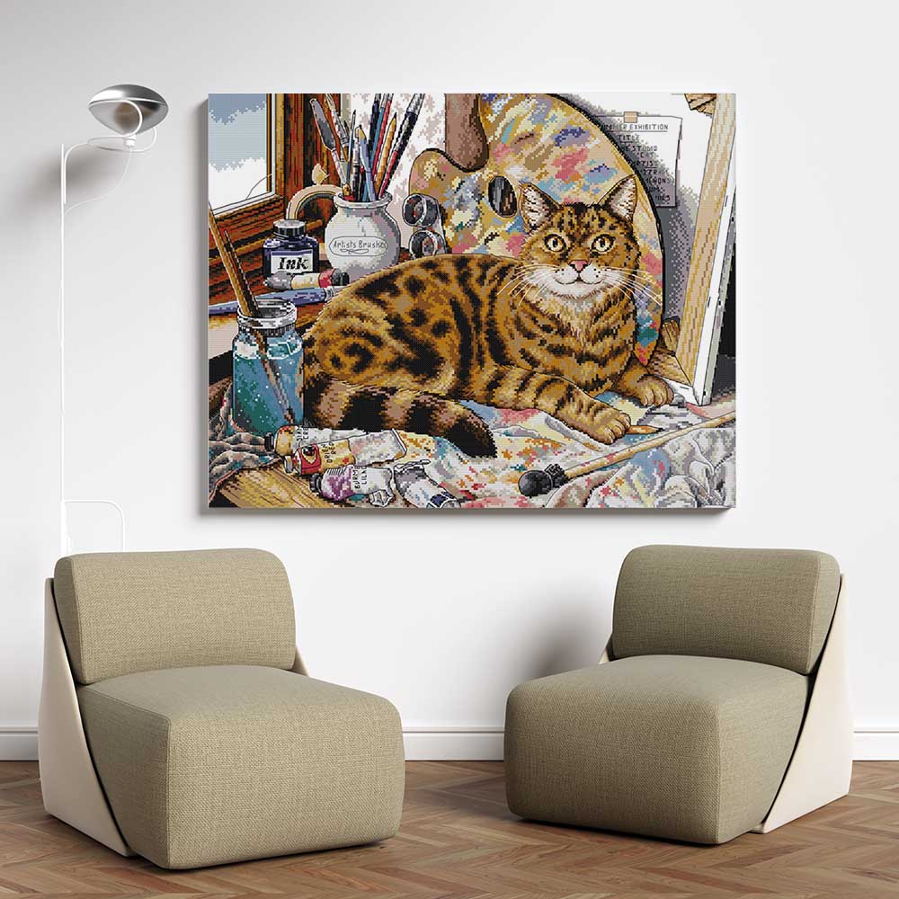 Kreuzstich - Katze und Malzubehör | 55x50 cm - Diy - Fadenkunst