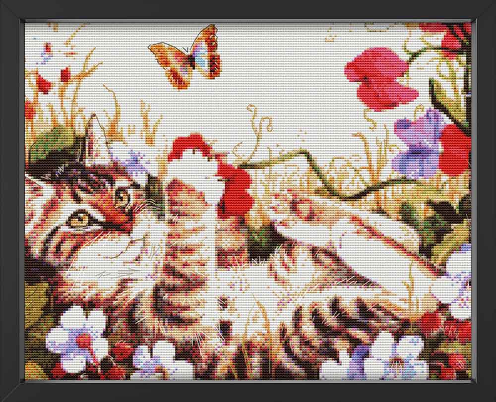 Kreuzstich - Katze und Schmetterlinge | 50x35 cm - Diy - Fadenkunst
