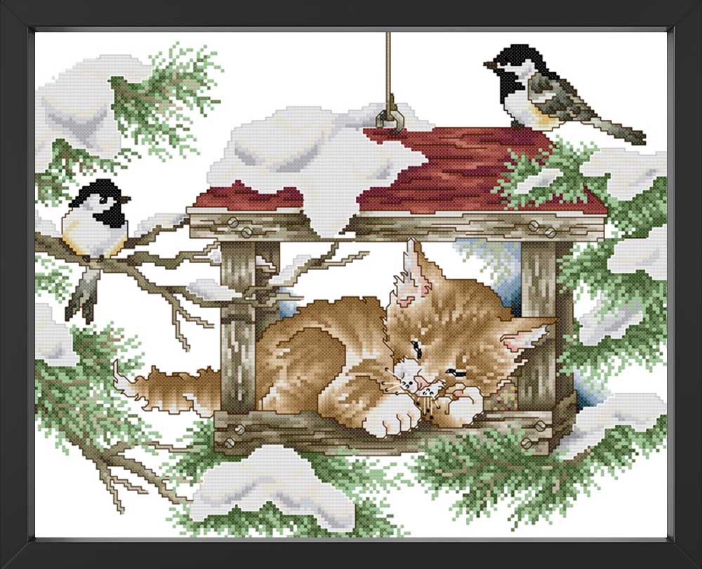 Kreuzstich - süße Katze im Vogelhaus | 50x35 cm - Diy - Fadenkunst