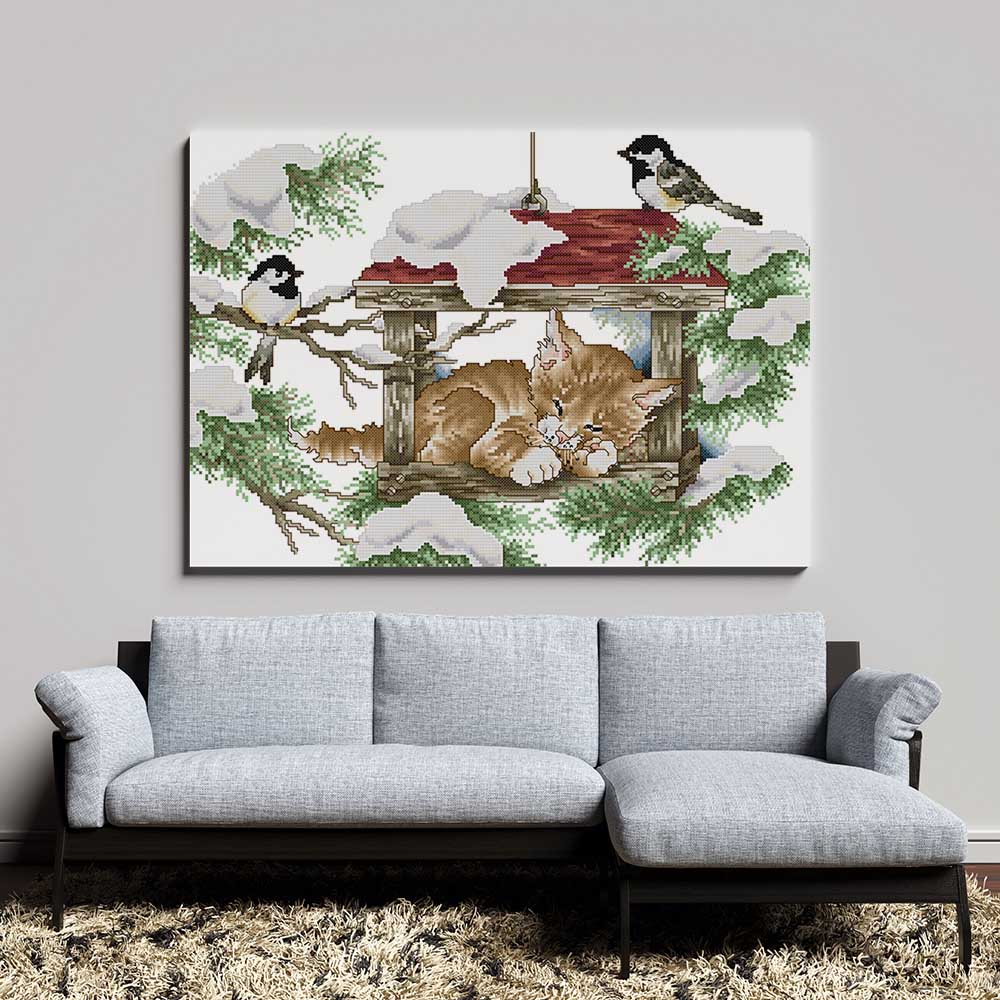 Kreuzstich - süße Katze im Vogelhaus | 50x35 cm - Diy - Fadenkunst