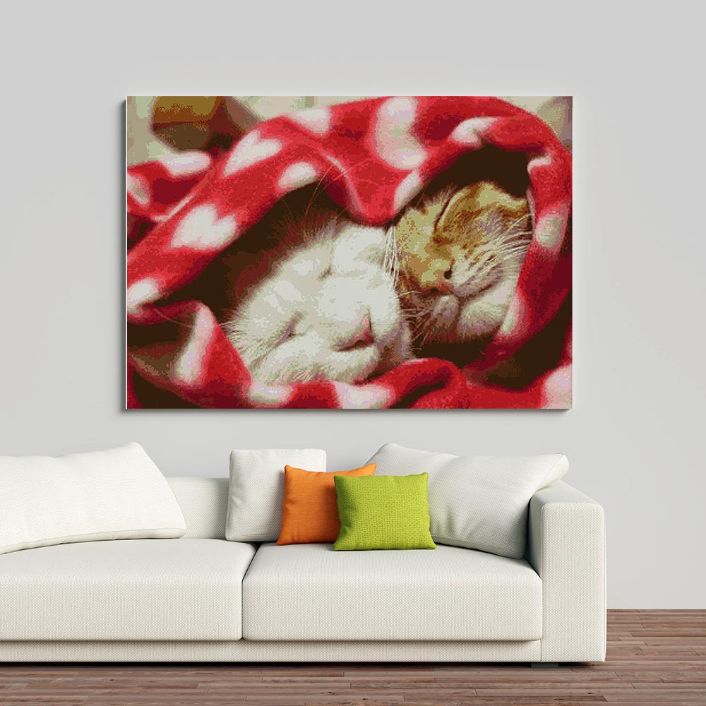 Kreuzstich - zwei süße Katzen in Kuscheldecke | 80x65 cm - Diy - Fadenkunst