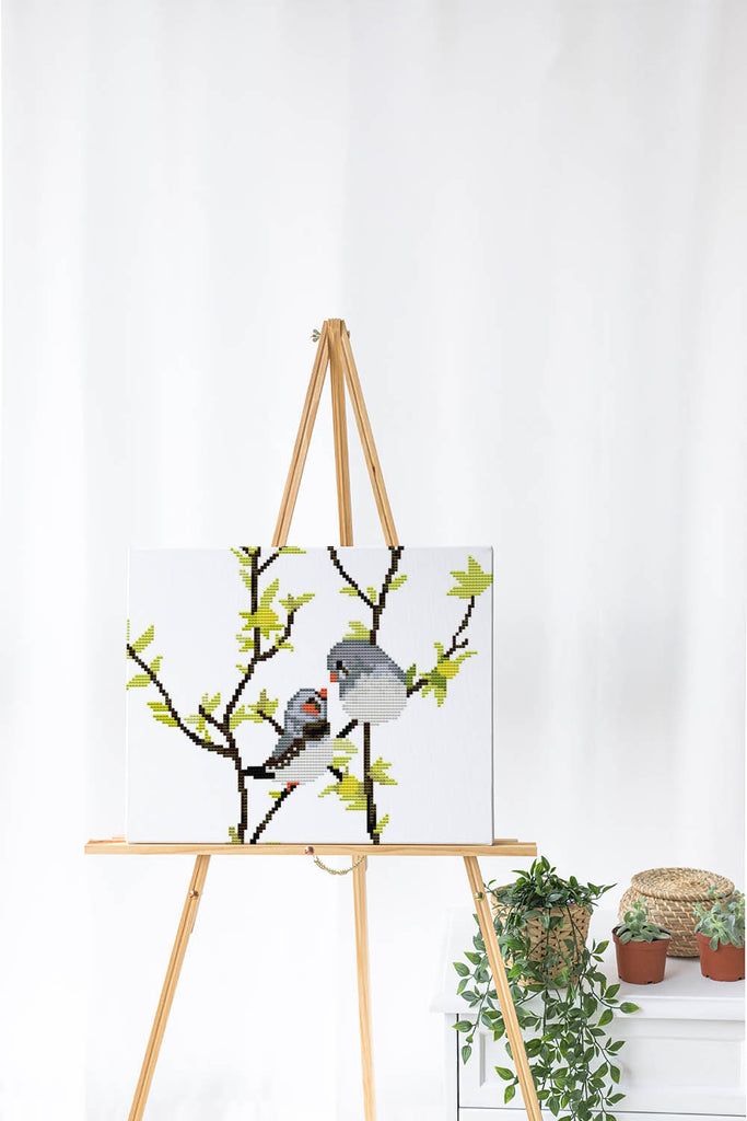 Kreuzstich - kleine Vögel auf Ast | 30x30 cm - Diy - Fadenkunst
