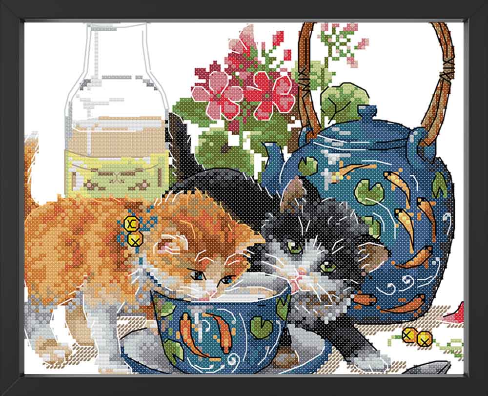 Kreuzstich - Katzen am Milch trinken | 30x25 cm - Diy - Fadenkunst