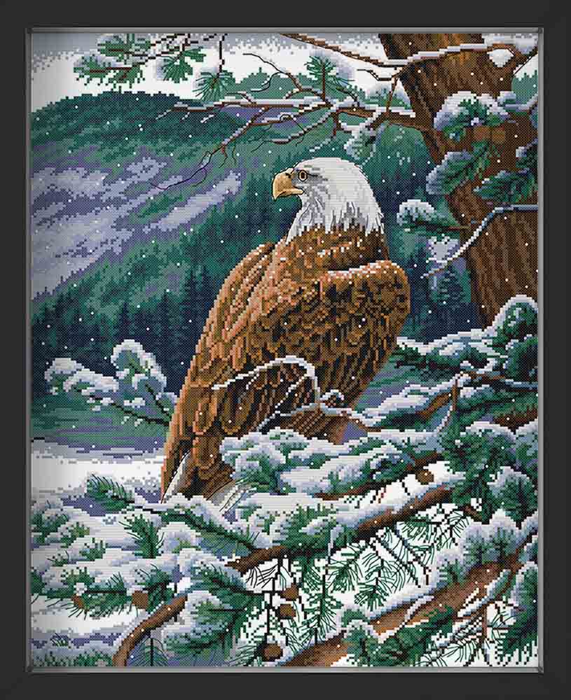 Kreuzstich - Adler auf einem Baum im Schnee | 45x50 cm - Diy - Fadenkunst