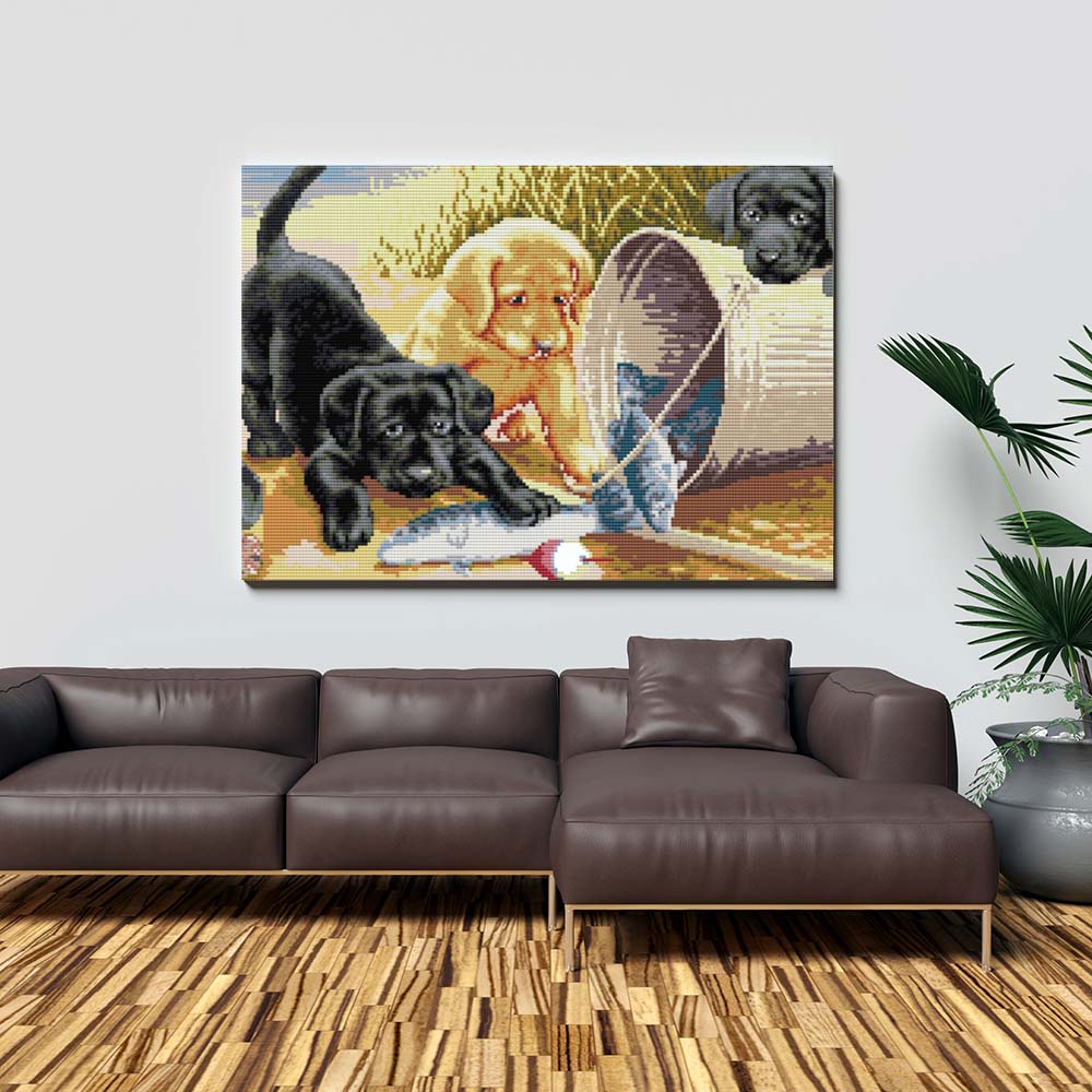 Kreuzstich - Hunde Welpen mit Fisch | 55x35 cm - Diy - Fadenkunst