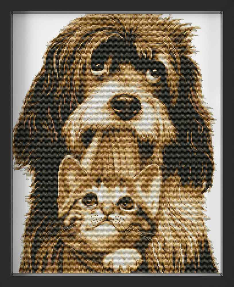 Kreuzstich - süßer Hund mit kleiner Katze | 40x55 cm - Diy - Fadenkunst