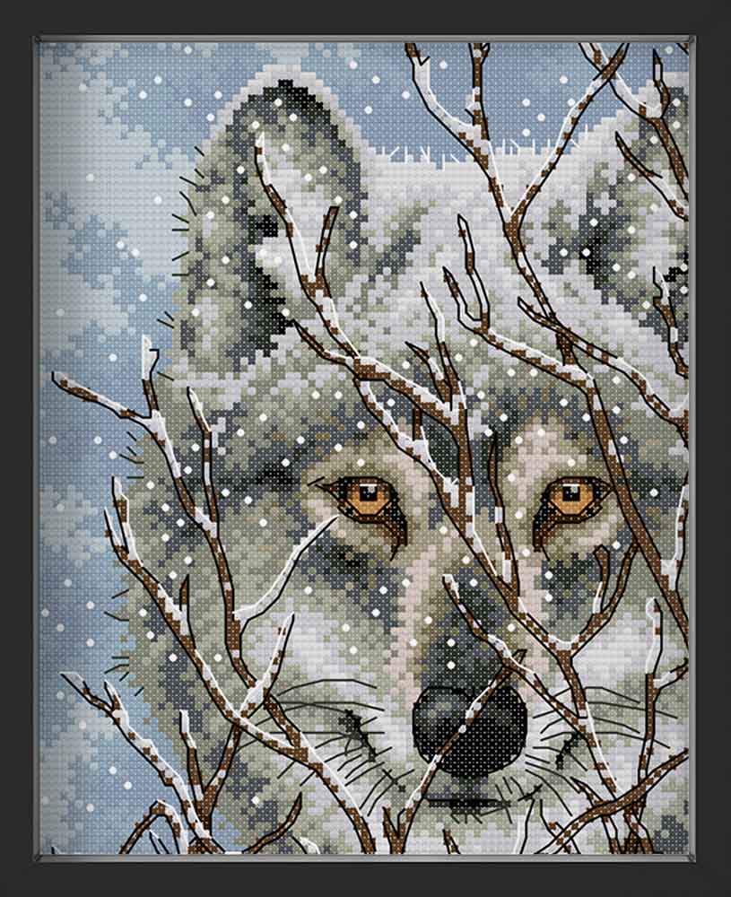 Kreuzstich - Wolf im Schnee | 20x30 cm - Diy - Fadenkunst