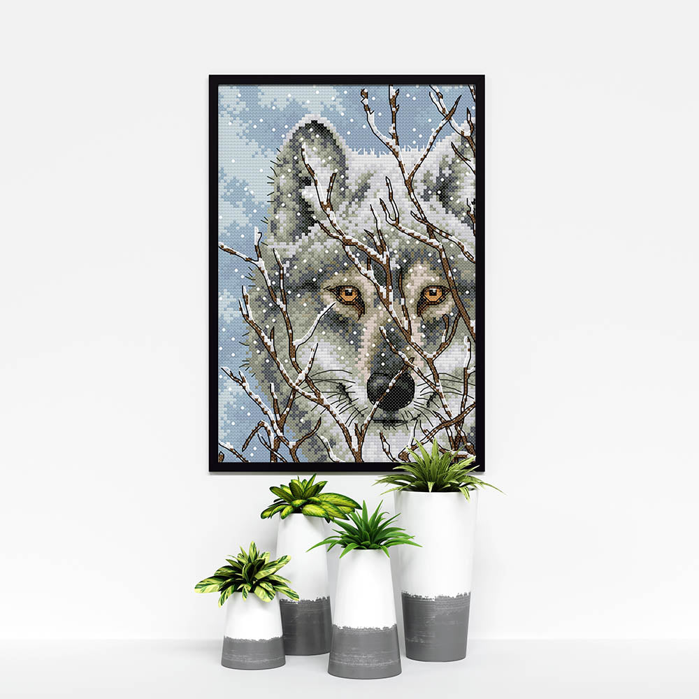 Kreuzstich - Wolf im Schnee | 20x30 cm - Diy - Fadenkunst