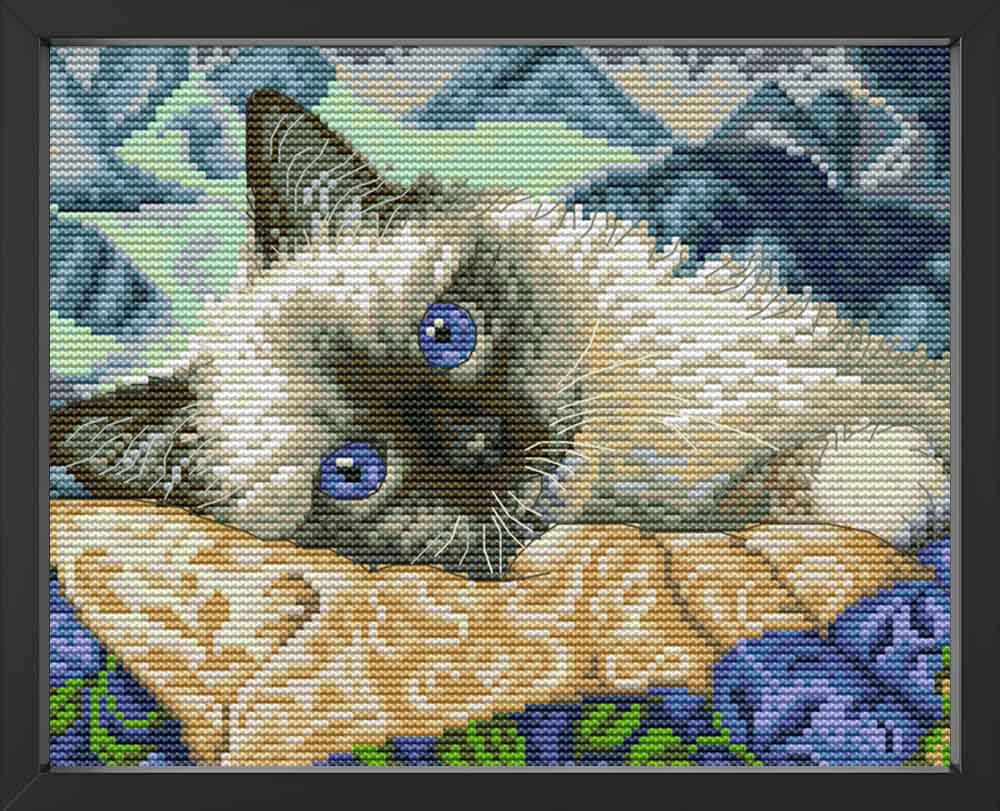 Kreuzstich - süße Katze am liegen | 30x20 cm - Diy - Fadenkunst