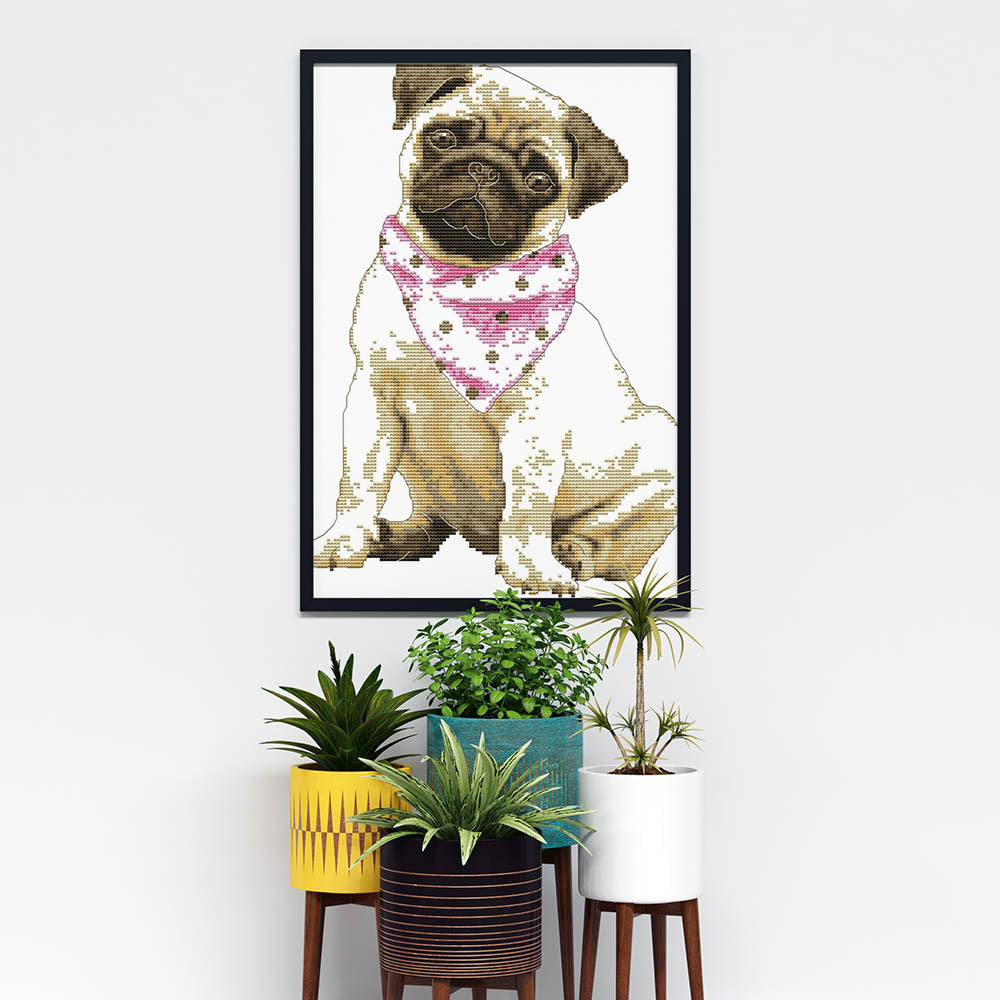 Kreuzstich - Hund Mops mit Halstuch | 30x35 cm - Diy - Fadenkunst