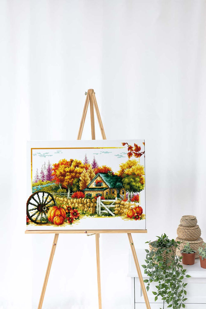 Kreuzstich - Haus in einer Herbst Landschaft | 50x30 cm - Diy - Fadenkunst