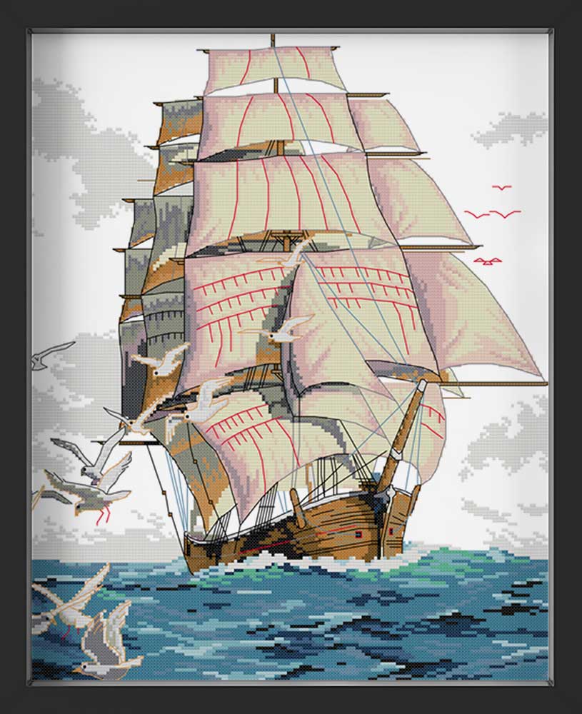 Kreuzstich - Schiff auf dem Meer | 40x50 cm - Diy - Fadenkunst