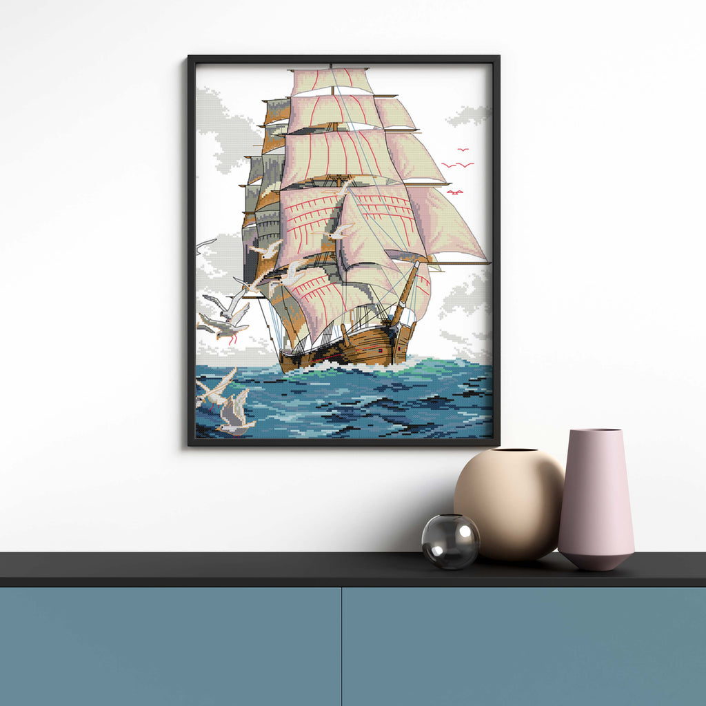 Kreuzstich - Schiff auf dem Meer | 40x50 cm - Diy - Fadenkunst