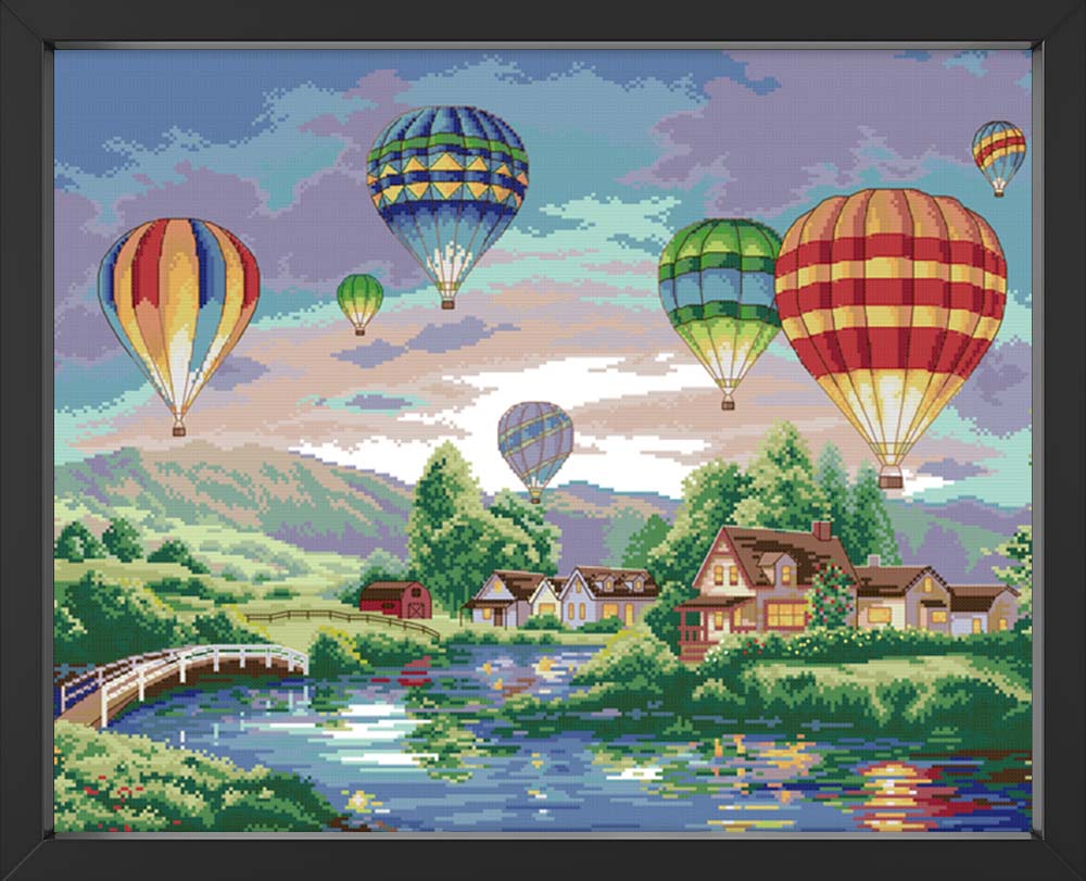 Kreuzstich - Landschaft mit Heißluftballons | 60x50 cm - Diy - Fadenkunst