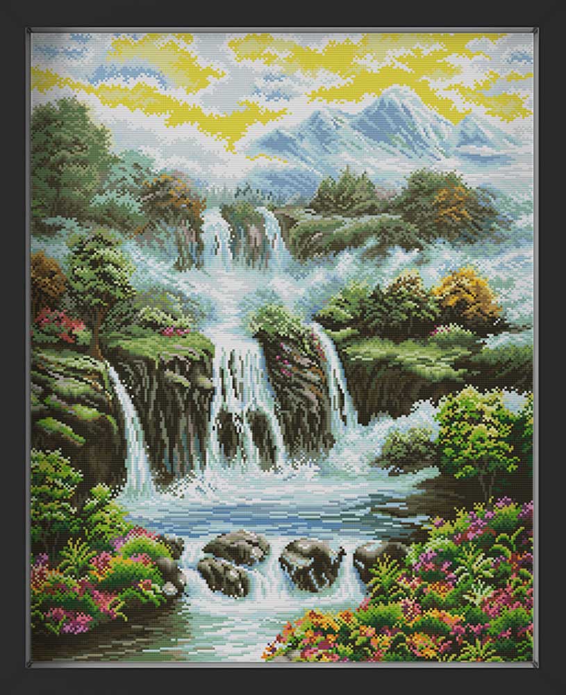 Kreuzstich - Landschaft mit Wasserfall | 50x60 cm - Diy - Fadenkunst