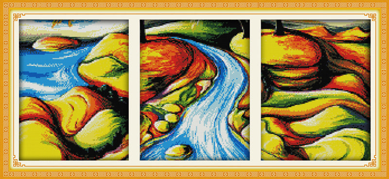 Kreuzstich - Abstrakte Flusslandschaft 3-teilig | 32x19 cm