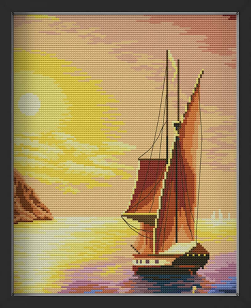 Kreuzstich - Boot mit Sonnenuntergang | 30x50 cm - Diy - Fadenkunst