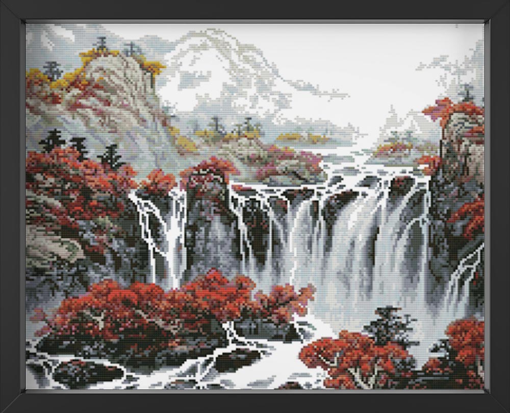 Kreuzstich - Wasserfall mit Bäumen | 65x40 cm - Diy - Fadenkunst