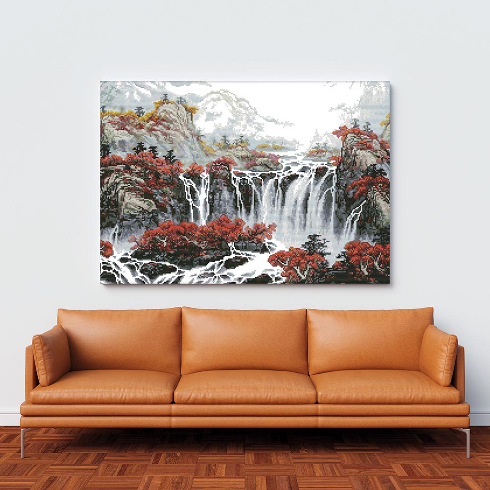 Kreuzstich - Wasserfall mit Bäumen | 65x40 cm - Diy - Fadenkunst