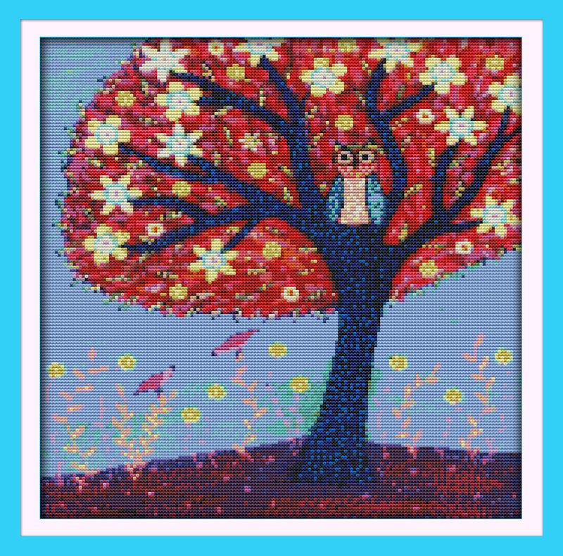 Kreuzstich - Baum mit Eule - naive Kunst | 16x16 cm