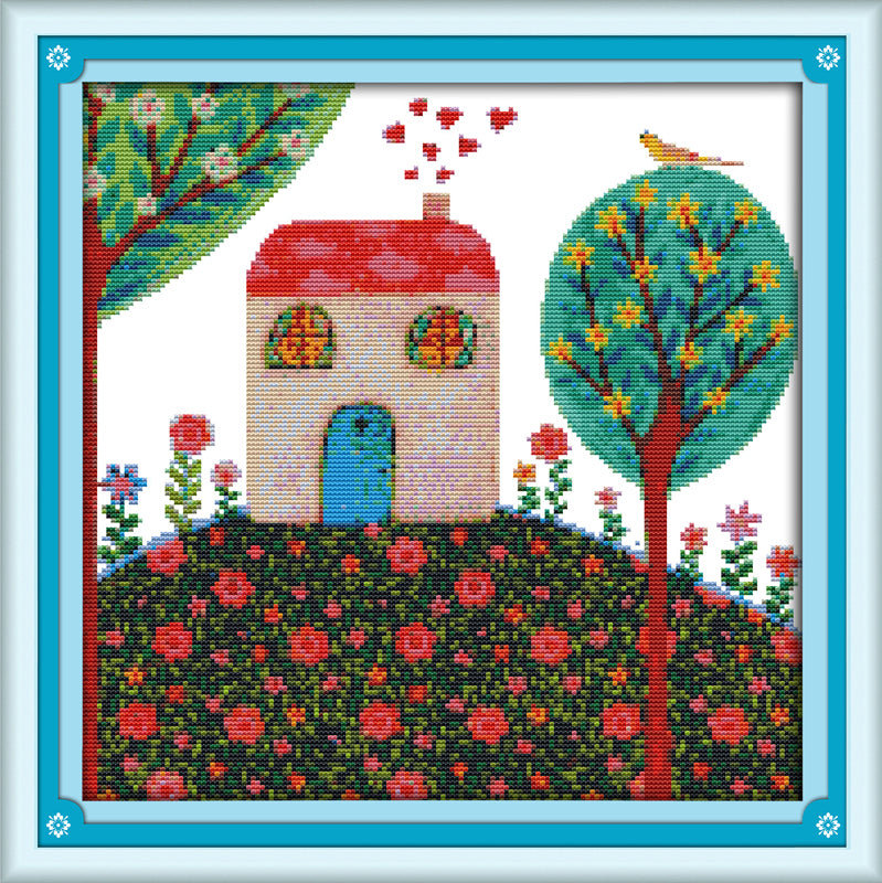 Kreuzstich - Blumenwiese mit Haus - naive Kunst | 16x16 cm