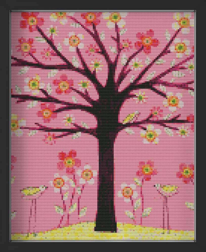 Kreuzstich - bunter Baum mit Blumen | 35x35 cm - Diy - Fadenkunst