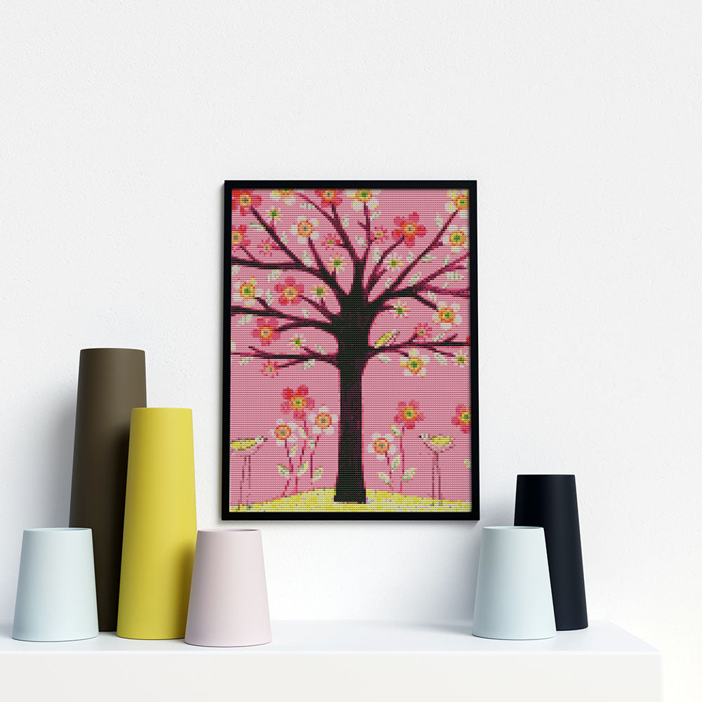 Kreuzstich - bunter Baum mit Blumen | 35x35 cm - Diy - Fadenkunst
