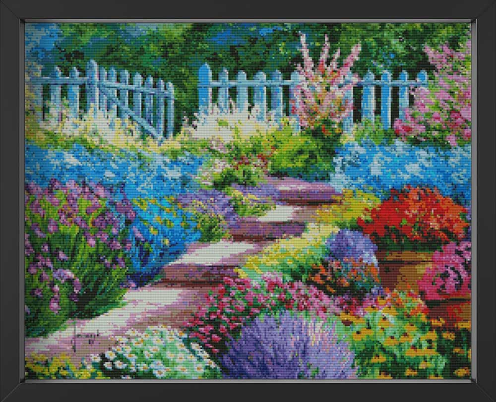 Kreuzstich - bunter Garten mit Blumen | 60x50 cm - Diy - Fadenkunst
