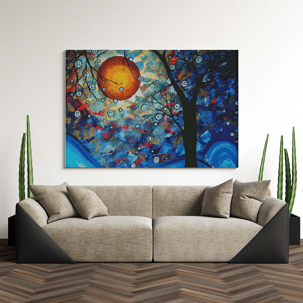 Kreuzstich - Baum vor Vollmond | 60x50 cm - Diy - Fadenkunst