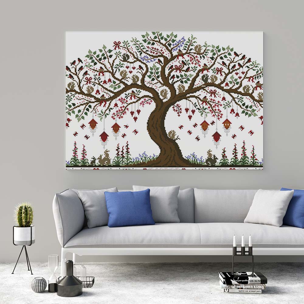 Kreuzstich - abstrakter Baum mit Blättern | 60x40 cm - Diy - Fadenkunst