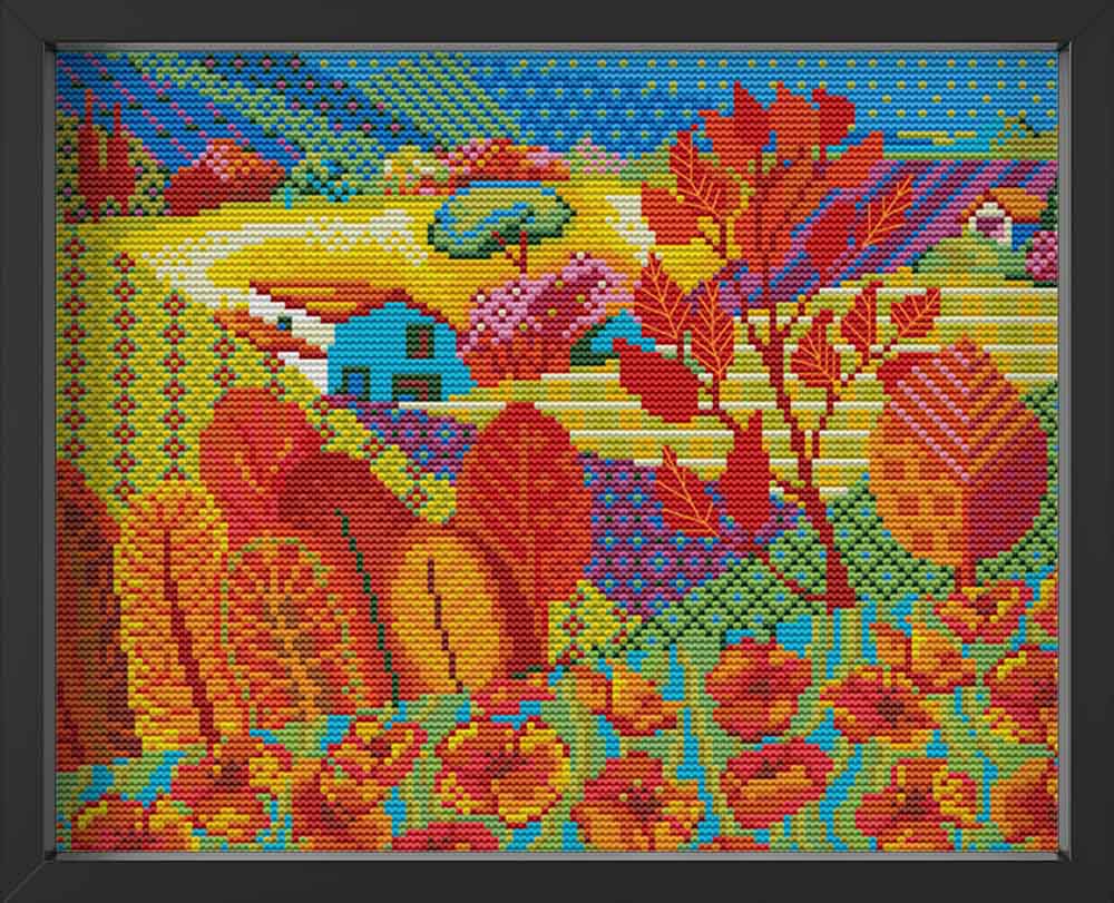 Kreuzstich - abstrakte bunte Landschaft | 35x30 cm - Diy - Fadenkunst