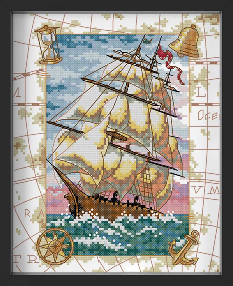 Kreuzstich - Schiff auf Landkarte | 20x30 cm - Diy - Fadenkunst