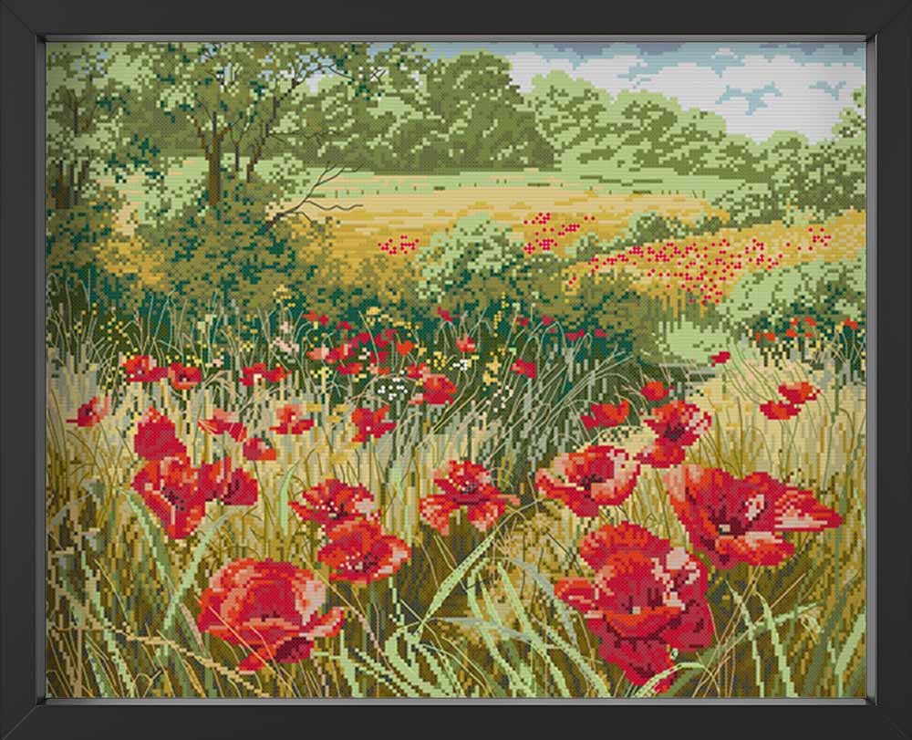 Kreuzstich - grüne Wiese mit Mohnblumen | 55x40 cm - Diy - Fadenkunst