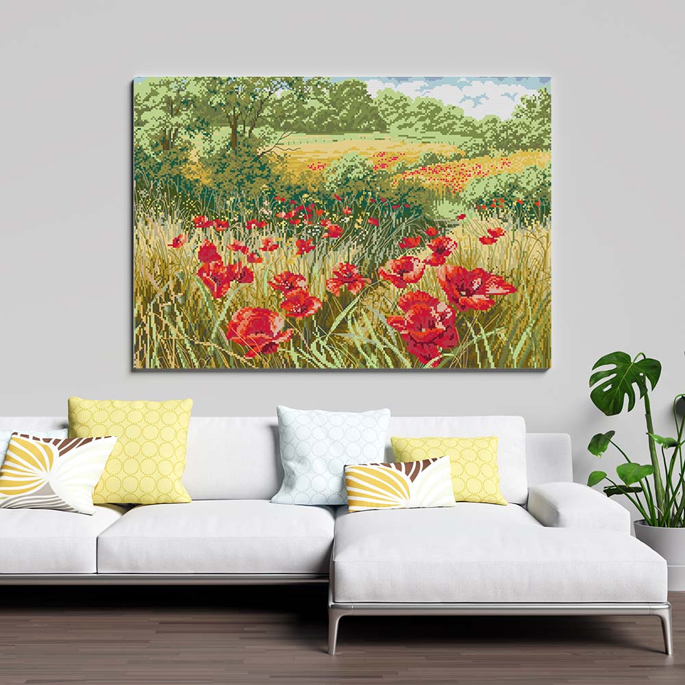 Kreuzstich - grüne Wiese mit Mohnblumen | 55x40 cm - Diy - Fadenkunst